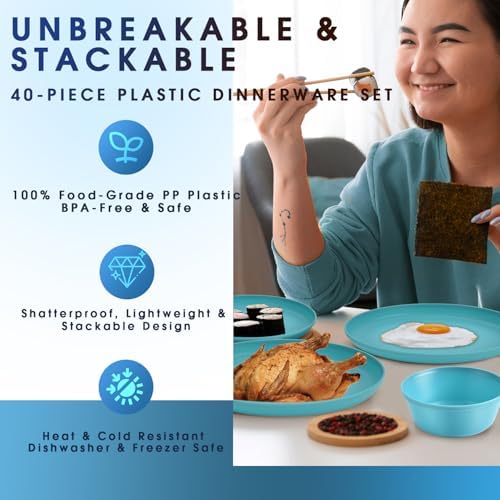 40 Piece Plastic Dinnerware Set for 8 with Cutlery, Unbreakable Plates and Bowls Set, Dishwasher & Microwave Safe Reusable Dish Set for Camping, RV, Outdoor Kitchen, Apartment Dining, Teal