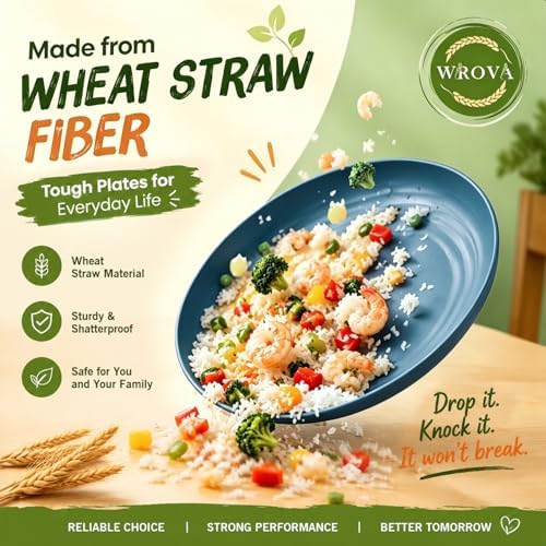 Wrova Plates and Bowls Set,Wheat Straw Dinnerware Sets,Blue Dish Set for 8