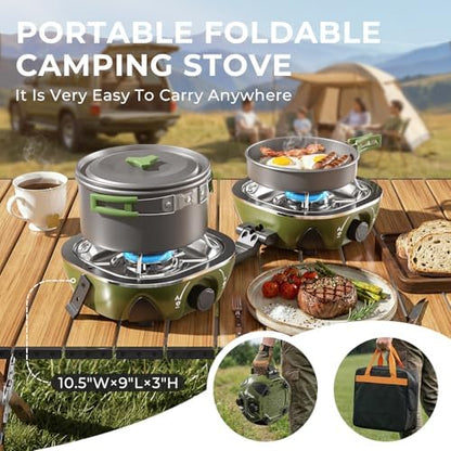 20000 BTU Propane Camping Stove with Cookware Set & Carry Bag Olive