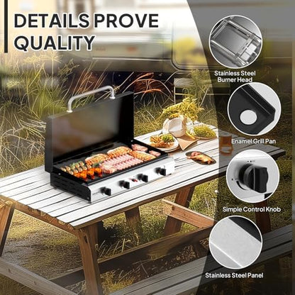 ROVSUN 4 Burner Portable Propane Griddle with Ignition & Regulator, 40,000 BTU Tabletop Flat Top Gas Grill with Enameled Tray & Lid for Outdoor Cooking Camping BBQ Tailgating Electronic