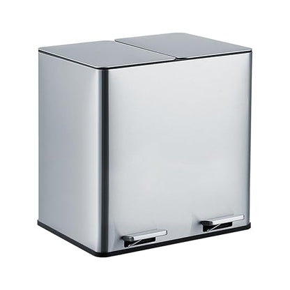 GarveeHome Dual Trash Can, 2x4 Gallon (2x15L) Stainless Steel Step Trash Can, Rectangular Garbage Can for Kitchen, Office with 2 Compartments, Removable Inner Buckets, Soft-Close Lid, Silver