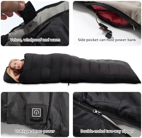 Heated Sleeping Bags for Adults Camping Cold Weather, 95–149°F for 4-Season