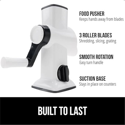 GORILLA GRIP BPA-Free Rotary Cheese Grater Hand Crank, Easy to Set Up, Strong Suction Base for Kitchen Countertop, Shred Potato, Vegetable, Nuts in Seconds, Round Mandoline Slicer, 3 Blades, White