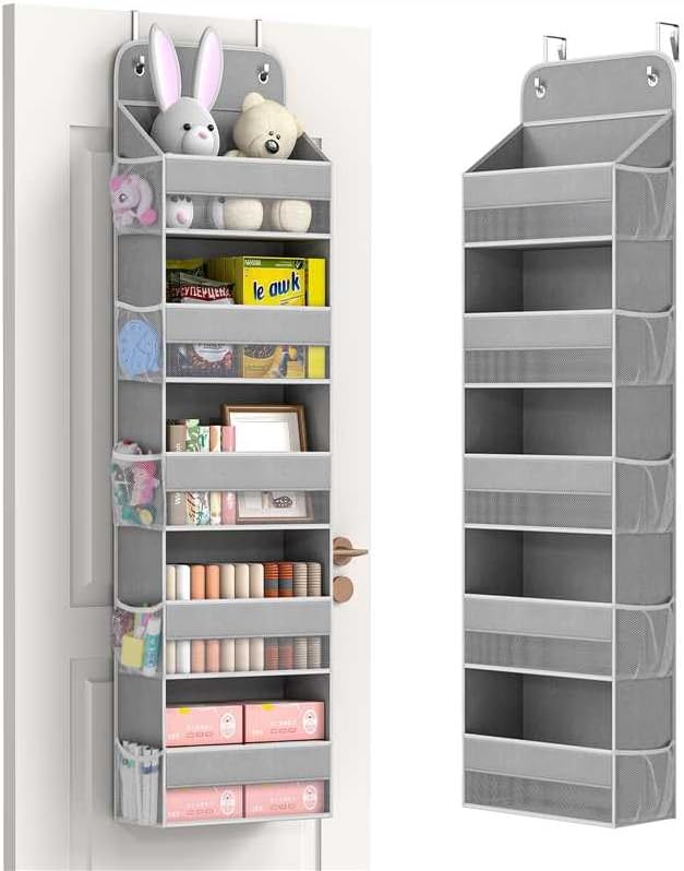 LAMU 5 Tier Over the Door Organizer Hanging, 5 Large Pockets and 10 Side Pockets Behind Door Storage for Baby Toys, 44lbs Back of Door Organizers Shelf for Closet, Nursery and Bathroom, 1 Pack (Grey)
