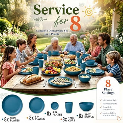 Wrova Plates and Bowls Set,Wheat Straw Dinnerware Sets,Blue Dish Set for 8