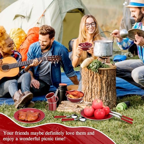 Nuogo 24 Pcs Camping Dinnerware Enamel Mugs Plates Bowls Utensils, Red