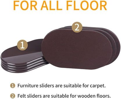 Ezprotekt 8 Pack Reusable Large Furniture Movers Sliders for Carpet and Hardwood Floors, 9-1/2" x 5-3/4" Oval Heavy Duty 4 Pcs Felt Sliders Hard Surfaces - 4 Pcs Furniture Pad for Carpet (Brown)