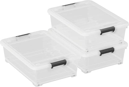 25 Quart Clear Plastic Latch Storage Box with Wheels, Under Bed Storage Box, 3 Pack