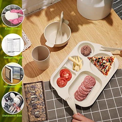 Honoson 24pcs Wheat Straw Dinnerware, Unbreakable, Beige/pink/green/blue