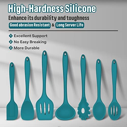 Silicone Cooking Utensils Set, E-far 7-Piece Blue Heat Resistant Kitchen Utensils Set, Kitchen Nonstick Tools Spatula Ladle Spoon Pasta Server for Non-stick Cookware, Non-Toxic & Dishwasher safe