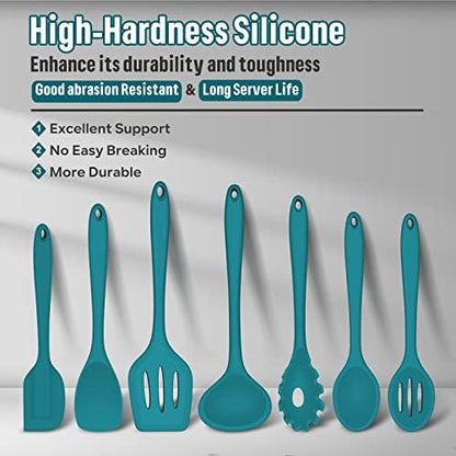 Silicone Cooking Utensils Set, E-far 7-Piece Blue Heat Resistant Kitchen Utensils Set, Kitchen Nonstick Tools Spatula Ladle Spoon Pasta Server for Non-stick Cookware, Non-Toxic & Dishwasher safe