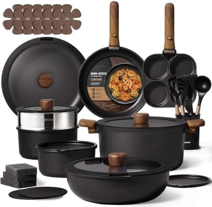 CAROTE 33pcs Pots and Pans Set Non Stick, Detachable Handle Cookware, Black