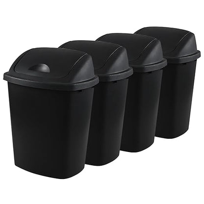 25 Liter Plastic Swing-Top Trash Can, 4-Pack Swing Lid Waste Can, Black