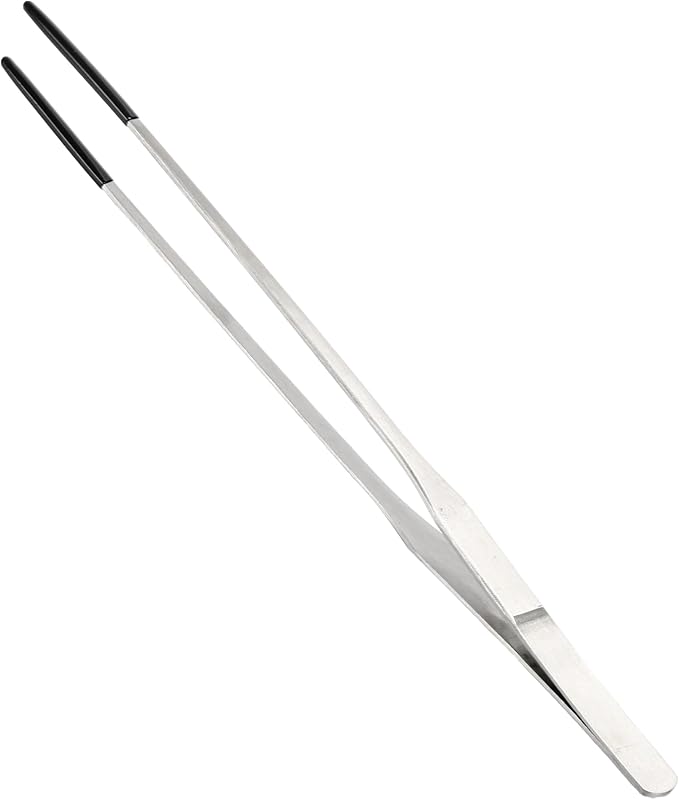 Reptile Feeding Tongs, Stainless Steel Lizard Feeding Tongs, Aquarium Straight Feeding Tweezers for Reptiles with Rubber Tip, Terrarium Feeding Tongs 10.63" L, Black Silver Tone