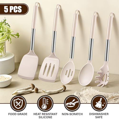5Pcs Silicone Cooking Utensils Set, Heat Resistant Kitchen Tools Include Solid&Slotted Spatula, Cooking Spoon and Pasta Server, Silicone Kitchen Utensils set for Nonstick Cookware Flipping, Khaki