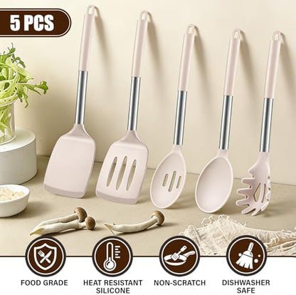 5Pcs Silicone Cooking Utensils Set, Heat Resistant Kitchen Tools Include Solid&Slotted Spatula, Cooking Spoon and Pasta Server, Silicone Kitchen Utensils set for Nonstick Cookware Flipping, Khaki
