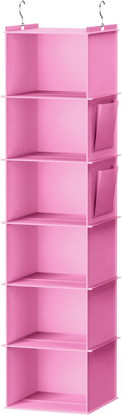 YOUDENOVA Hanging Closet Organizer and Storage, 6-Shelf Closet Hanging Storage Shelves, Light Pink