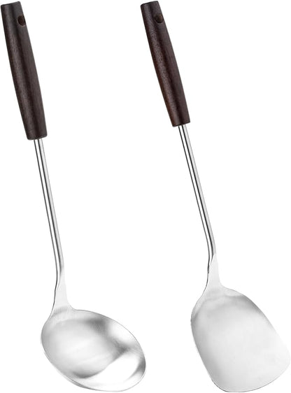 FJNATINH Spatula and Ladle - Set of 2 Wok Tools - Universal Wok Ladle and Spatula - Stainless Steel Cooking Utensils and Wok Accessories,14"-15"
