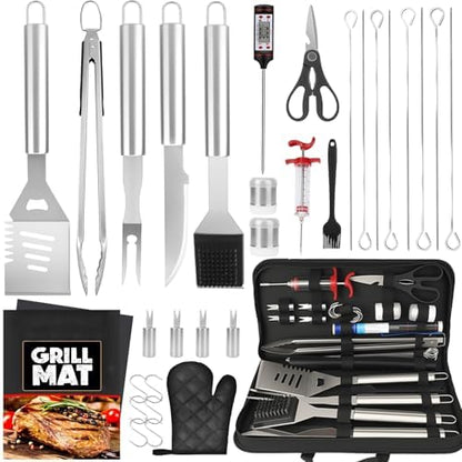 BBQ Grill Accessories, 32Pcs Grilling Gifts for Men Birthday Fathers Day, Heavy Duty Stainless Steel Grill Tool Set, Grill Utensils Kit for Outdoor Grill with Case, Thermometer & Meat Injector