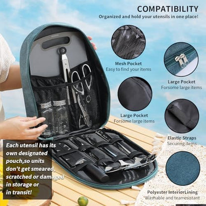 Evanda Camping Kitchen Cooking Utensil Set 10 Piece, Stainless Steel Outdoor Cooking and Grilling Utensil Organizer Travel Set Perfect for Travel, Camping, RVs, BBQs, Picnics, Parties and More