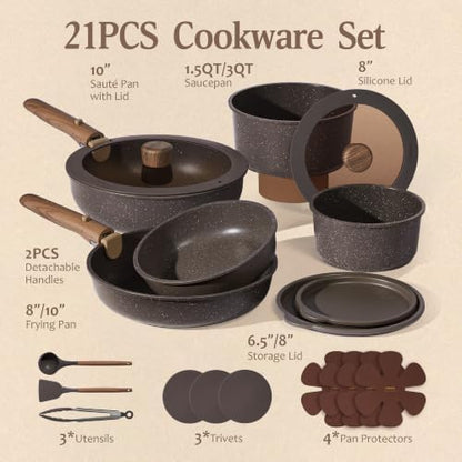 CAROTE 21pcs Pots and Pans Set Non Stick, Detachable Handle Cookware