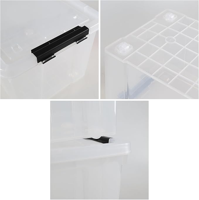 34 L Clear Plastic Storage Bins Box with Lid, Stackable Lidded Storage Bin Container with Wheels and Secure Latching Buckles, 4 Packs
