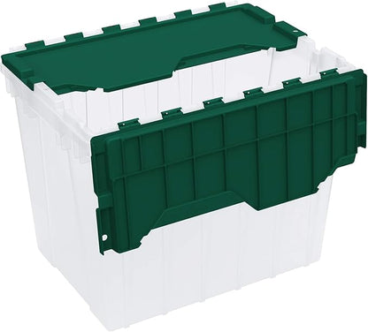 Akro-Mils KeepBox 18 Gallon Storage Container, Nesting and Stackable Plastic Storage Box with Lid Attached, Clear Tote for Garages, Closets, and Moving, 21" x 15" x 17", Clear/Green, 3-Pack