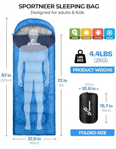 Sportneer Sleeping Bag, 3 Seasons Warm Cold Weather Sleeping Bags for Adults Kids Boys Girls with Compression Sack- Lightweight Camping Essentials Gear Accessories, Backpacking, Hiking