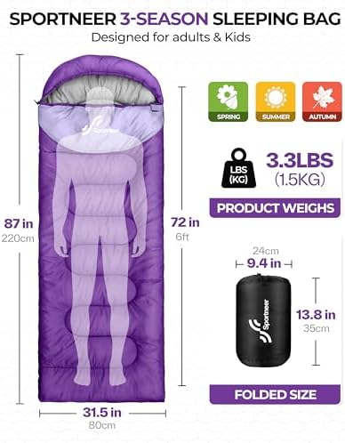 Sportneer Sleeping Bag, 3 Seasons Warm Cold Weather Sleeping Bags for Adults Kids Boys Girls with Compression Sack- Lightweight Camping Essentials Gear Accessories, Backpacking, Hiking