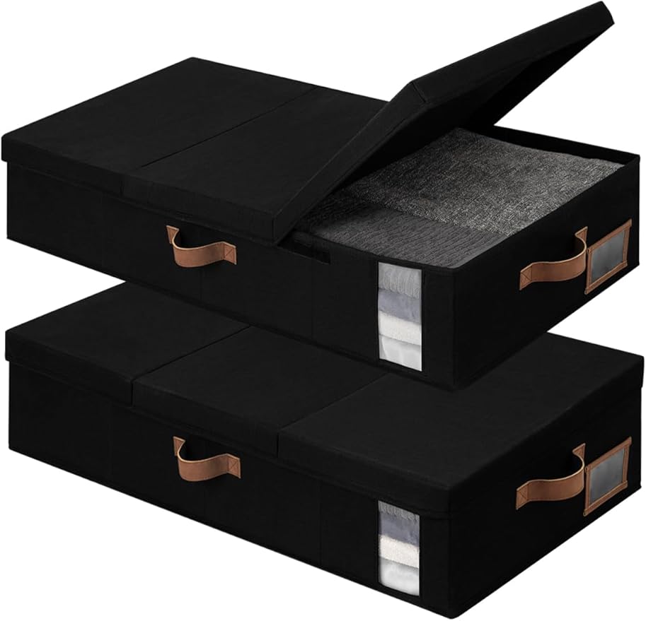 StorageWorks Under Bed Storage with Lid, Underbed Storage Containers with Handles, Underbed Organizer for Bedroom, Foldable Clothing Storage Bins, Box for Blankets, Jumbo, Black, 2-Pack