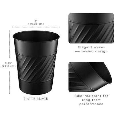 Monarch Abode Black Handcrafted Wave Embossed Metal Wastebasket for Home Office Bedroom, Decorative Waste Basket, Modern Bathroom Garbage Can, Durable & Decorative Trash Bin, Black Bathroom Trash Can