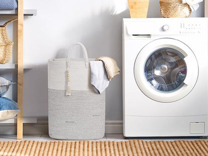 Woven Laundry Basket for Clothes, 50 L Large Rectangle Laundry Hampers with Beads Tassel, Nursery Storage Basket for Toys, Tall Dirty Clothes Hamper for Bedroom Aesthetic, Laundry Room Organization