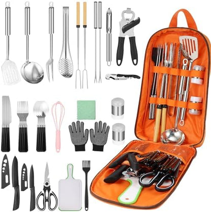 Hozzen Camping Cooking Set - Camping Utensil Set Car Camping Cooking Essentials Gear for Camp Kitchen Cooking and Grilling, Stainless Steel & Silicone Ideal Gift for RV Tent Camper, Picnics, BBQs