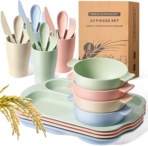 Honoson 24pcs Wheat Straw Dinnerware, Unbreakable, Beige/pink/green/blue