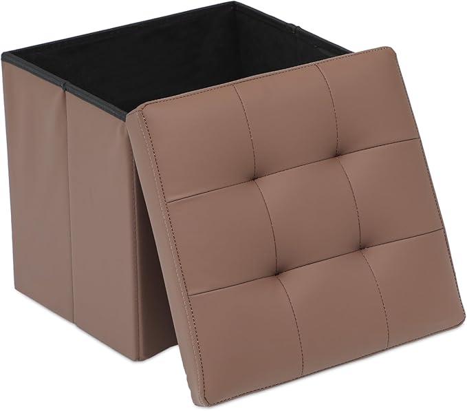 Athena Collection 15" Storage Ottoman Bench Folding Bench with 40L Hidden Storage, Small Cube Ottoman PU Leather Foot Rest Stool Chest with Flipping Lid for Living Room, Bedroom, Entryway, Brown