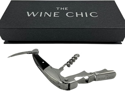 The Wine Chic Premium Professional Corkscrew Wine Opener with Elegant Wood Handle, Manual Wine Key with Foil Knife and Cap Bottle Opener for Bartenders, Waiters and Sommeliers (Black)