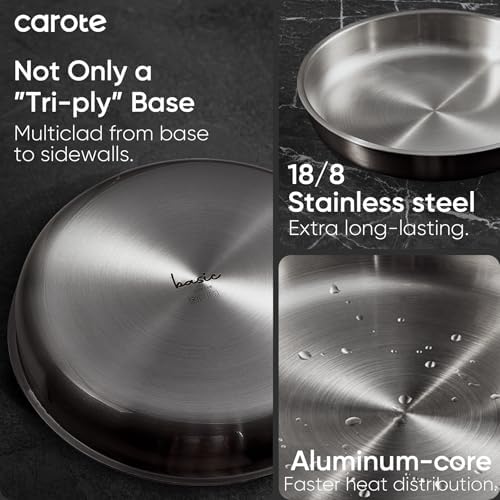 CAROTE 15pcs Tri-Ply Stainless Steel Cookware Set with Detachable Handle