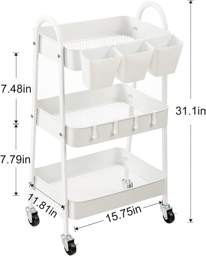 danpinera 3-Tier Rolling Cart, Metal Rolling Storage Cart with Lockable Wheels & Hanging Cups & Hooks, Mobile Trolley Cart for Kitchen, Bathroom, Office, Workshop, White