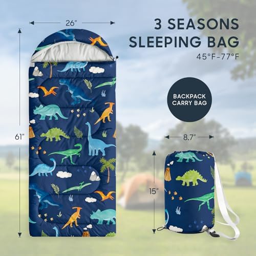 Wake In Cloud Kids Sleeping Bag for Boys Camping, Dinosaur