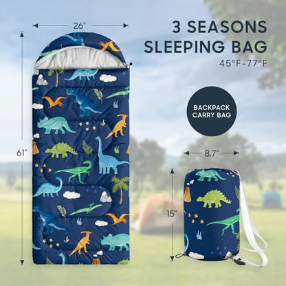 Wake In Cloud Kids Sleeping Bag for Boys Camping, Dinosaur