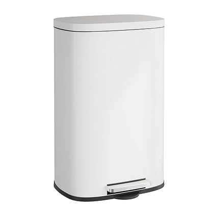 WLIVE 13 Gallon Stainless Steel Trash Can with Inner Bucket, Kitchen Garbage Can with Lid, 50L Soft Close Step Trash Can with Metal Foot for Home, Kitchen, Laundry Room, Office, White