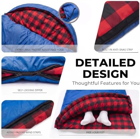 Winter Flannel Sleeping Bags XL for Big & Tall Adults, Cold Weather Camping