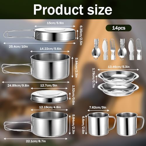 JJUNW 14Pcs Stainless Steel Camping Cookware Set, Lightweight Compact Camping Pots Pans Set with Cups Plates Forks Knives Spoons for Backpacking Camping-Cooking Hiking and Picnic