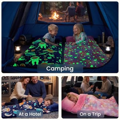 JOIEDOMI Toddler Sleeping Bag for Kids 66''x33'' Glow in The Dark Kids Sleeping Bag with Pillow for Boys and Girls Ages 3+ Soft Flannel Toddler Nap Mat for Preschool Daycare Sleepover