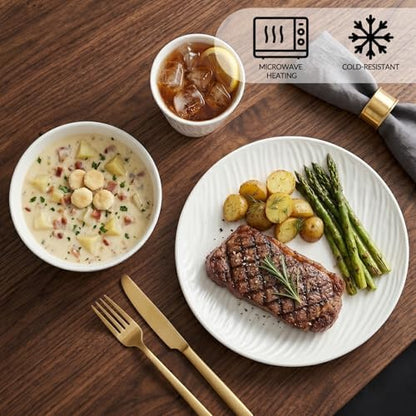 18pcs White Plastic PLates and Bowls Sets Heavy Duty includes Plastic Plates Reusable and Elegant Wheat Bowls and Rock-textured Design Cups for 6 People Outdoor Picnic,Camping Trip,Beach Day