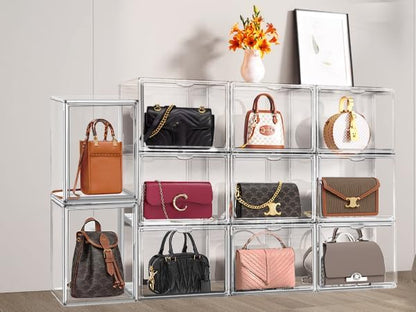 10 Pcs Clear Purse Storage Boxes, Plastic Shoe Boxes Stackable Acrylic Display Case Shoe Organizer with Magnetic Lid, Acrylic Display Box for Collectibles,Purse Organizer,Handbag,Shoes Size 14