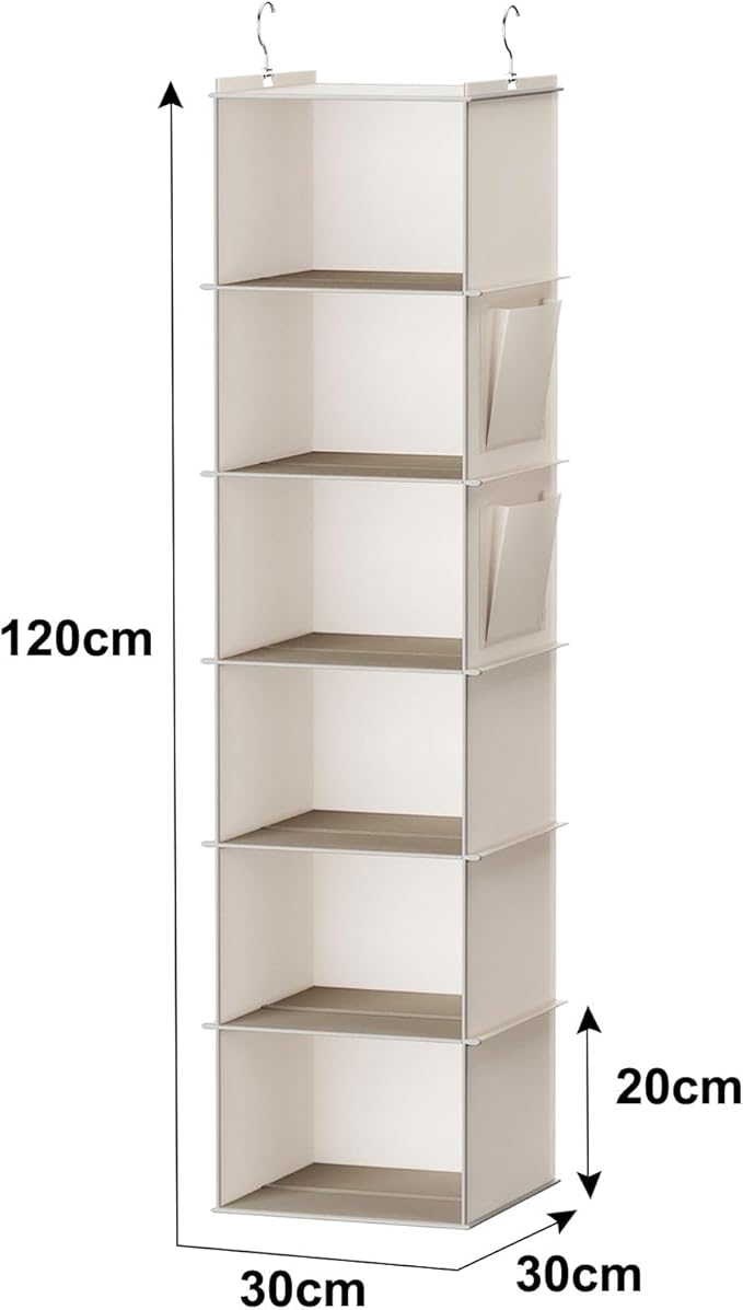 YOUDENOVA Hanging Closet Organizer, 6-Shelf Closet Hanging Storage with Side Pockets, Beige