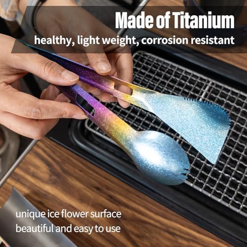 TiTo Titanium 4 in 1 Camping Cookware - Titanium BBQ Tongs, Spork, Knife and Spatula, Portable Lightweight Multi Tableware for Kitchen, Hiking, Backpacking, Outdoor Cooking, Travel, Picnics (Colorful)