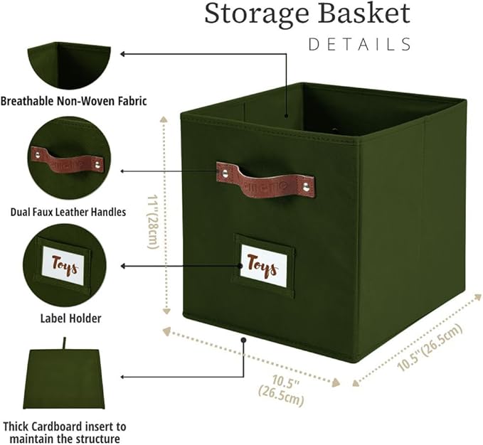 DECOMOMO Storage Bins, Cube Storage Bin with Labels, Fabric Storage Cubes for Shelves (10.5" x 11" / 6pcs, Olive Green)