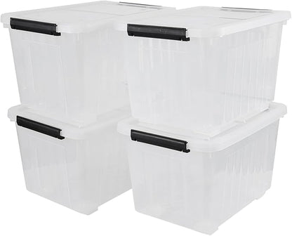 30 Quart Clear Plastic Latch Storage Bins with Wheels, 4-Pack Wheeled Clear Storage Totes